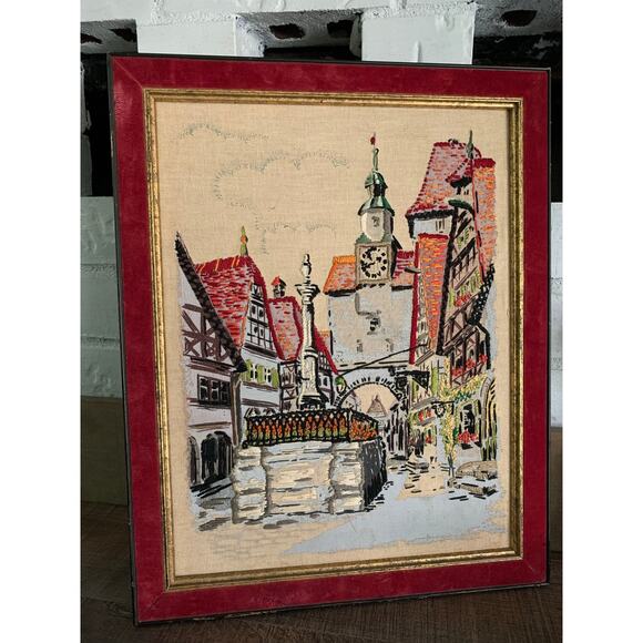 Vintage Crewel Needlepoint Embroidery and Paint Tapestry European Village Art - Picture 1 of 5